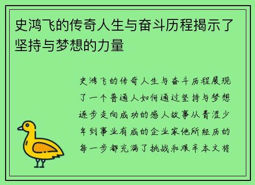 史鸿飞的传奇人生与奋斗历程揭示了坚持与梦想的力量
